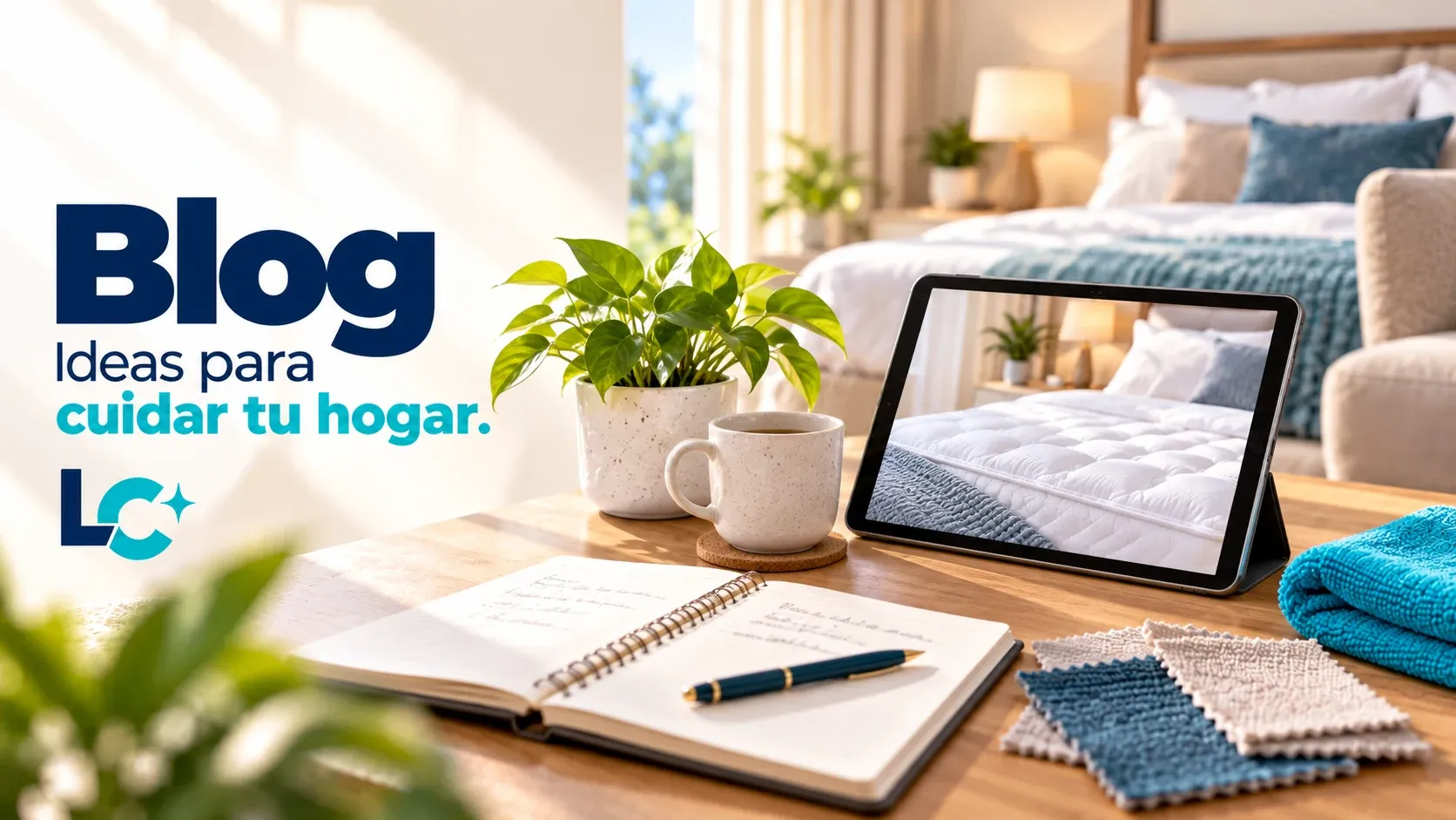 Mesa con libreta, taza y tableta que muestra un colchón, junto a muestras de tela. Texto de la imagen: «Blog. Ideas para cuidar tu hogar».