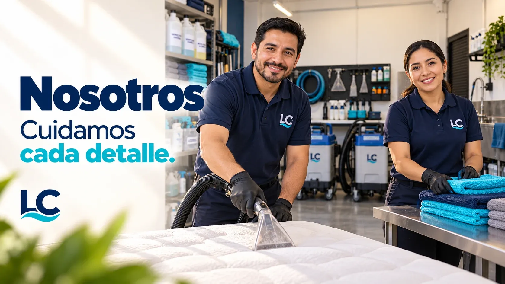 Dos personas con uniforme de LC en un taller: una lava un colchón con boquilla de extracción y otra dobla toallas de microfibra. Texto de la imagen: «Nosotros. Cuidamos cada detalle».