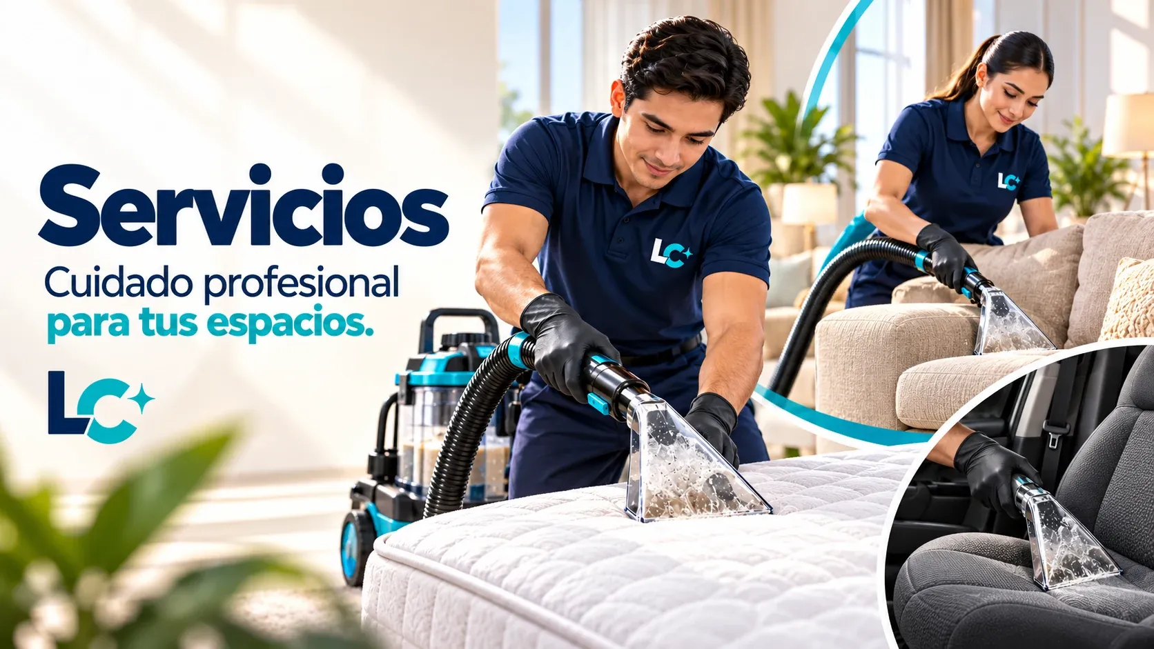 Personal con uniforme de LC lavando un colchón, una sala y el asiento de un auto. Texto de la imagen: «Servicios. Cuidado profesional para tus espacios».
