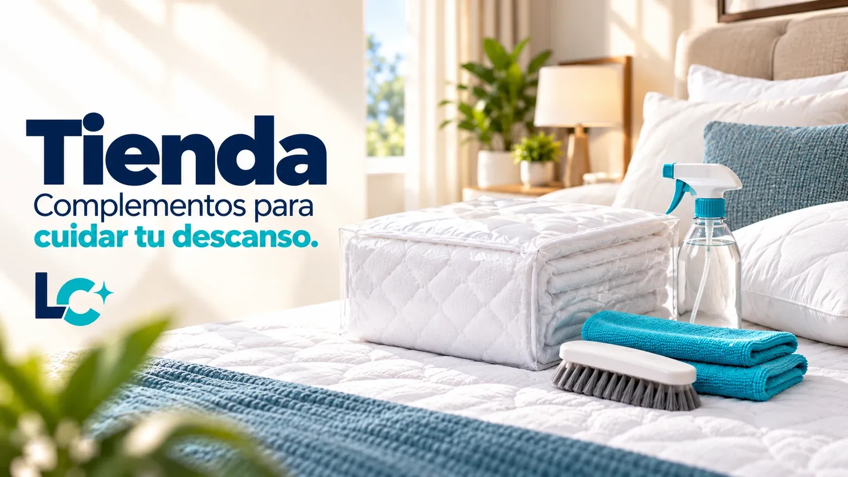 Protector de colchón doblado, atomizador, cepillo y paños de microfibra sobre una cama. Texto de la imagen: «Tienda. Complementos para cuidar tu descanso».
