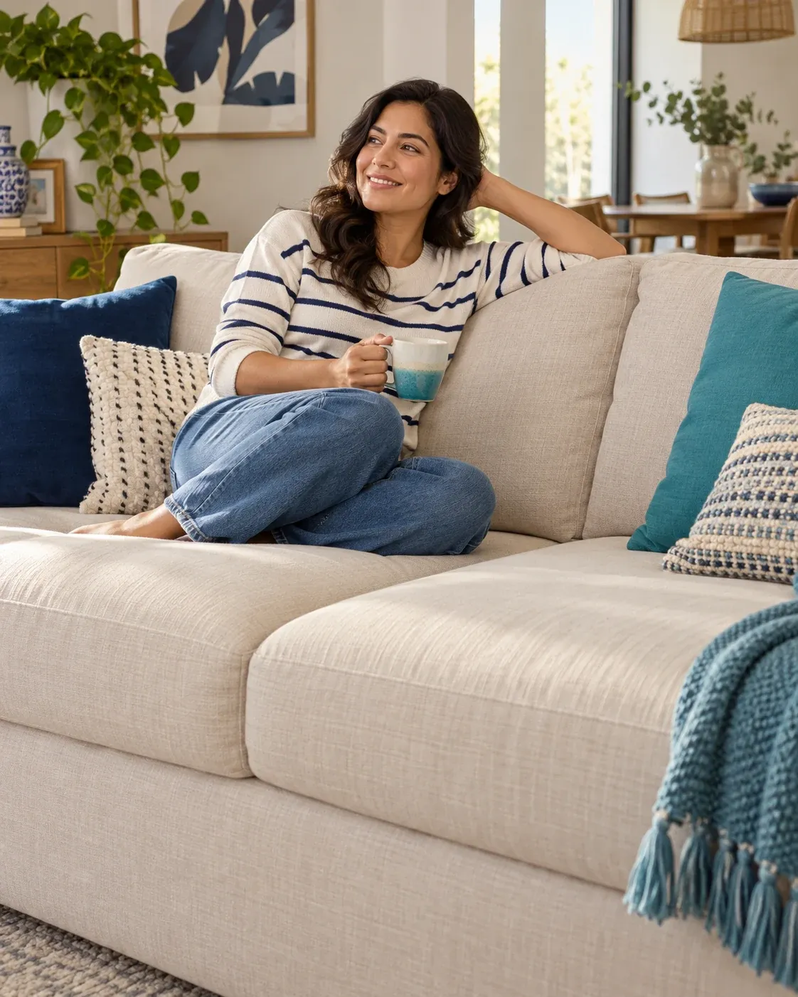 Persona sonriente sentada en una sala de tela clara con una taza en la mano