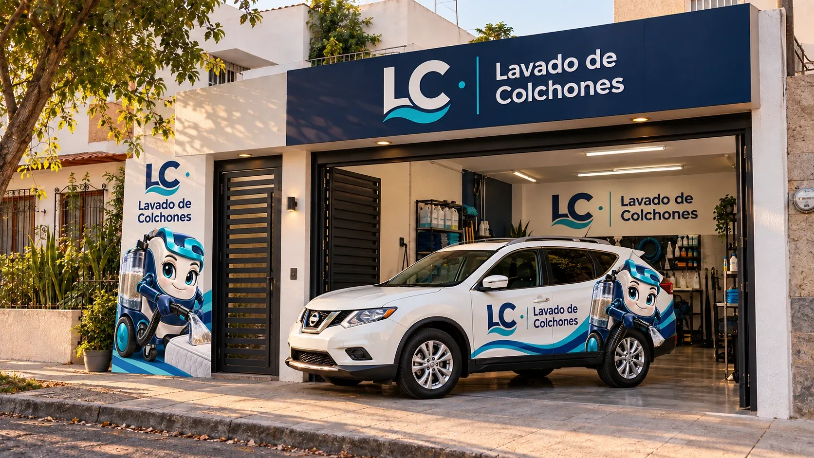 Fachada con la identidad de LC y una camioneta rotulada