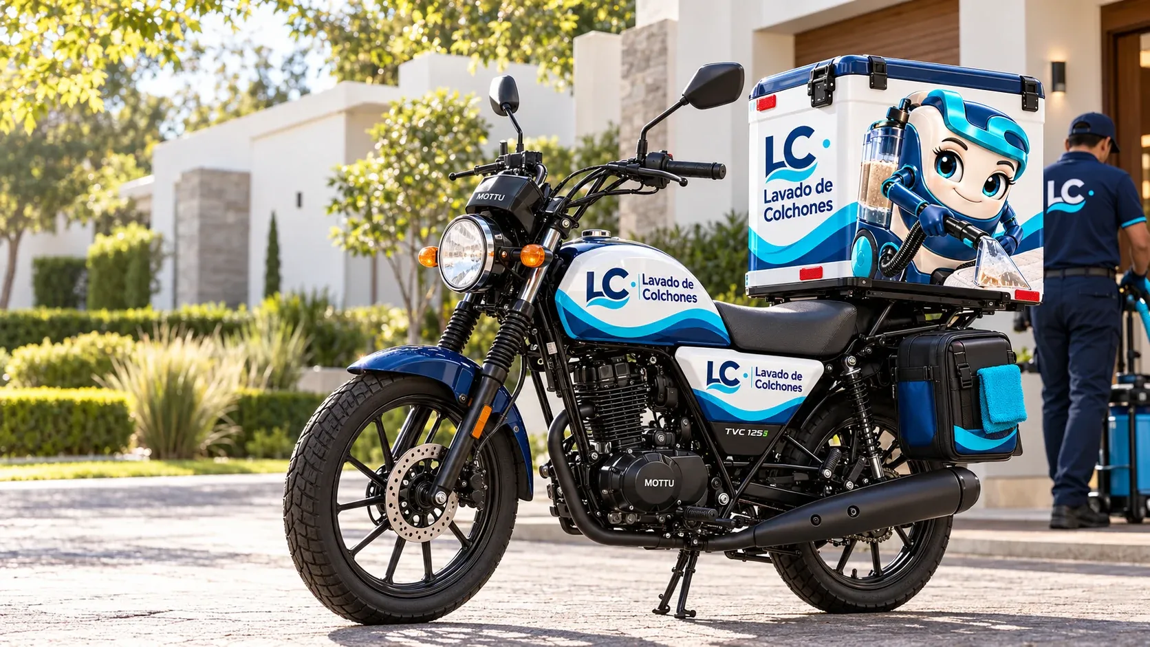 Motocicleta de servicio rotulada con la identidad de LC frente a una casa, con personal de LC al fondo