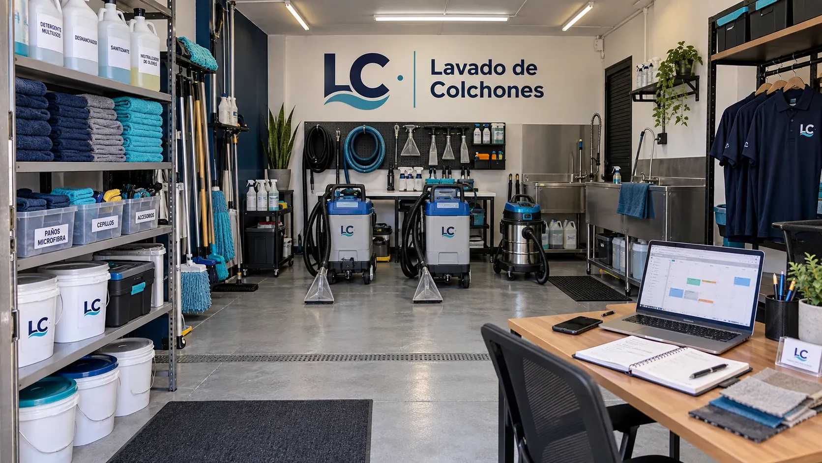 Taller ordenado con equipos de extracción, insumos y uniformes de LC